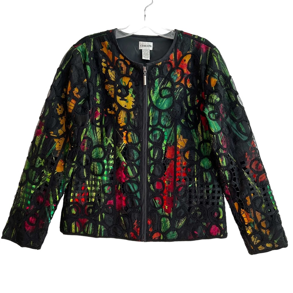 Chico’s Black Yellow Red Double Floral Embroidered Jacket 4